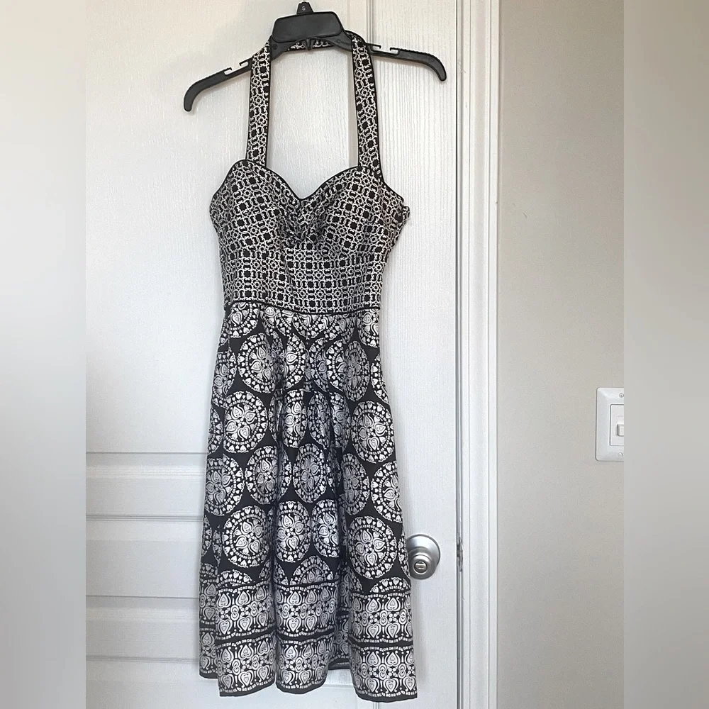 White House Black Market 100% silk black and white printed halter dress. - Picture 1 of 12